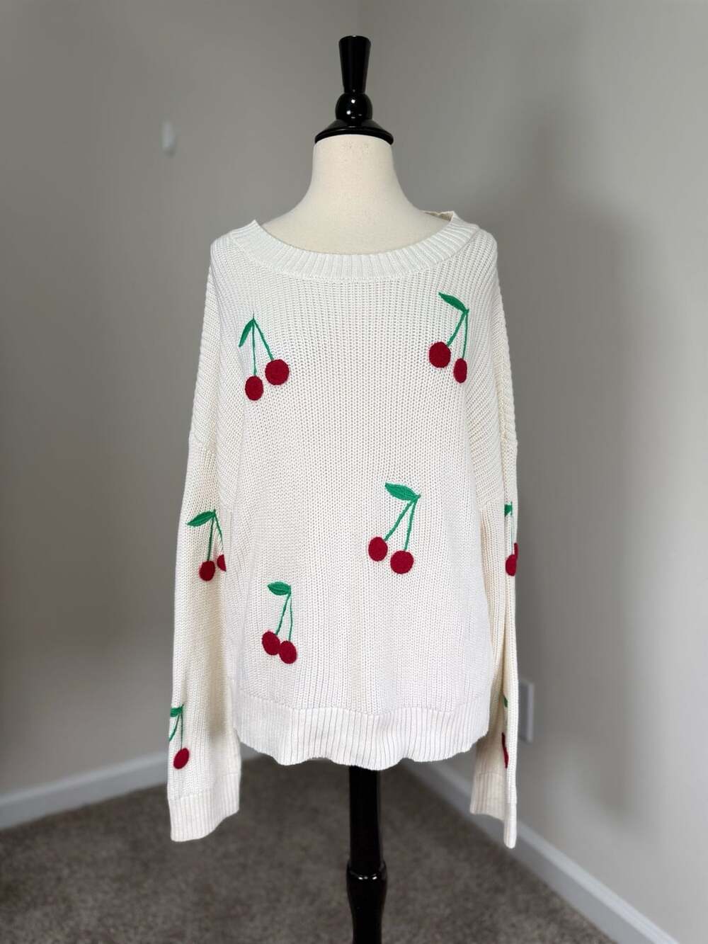 Cynthia Rowley Cherry Sweater XL Ivory Embroidered Coquette Kawaii Preppy Fall